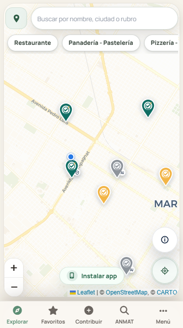 Mapa Sin Gluten mostrando comercios cercanos y filtros por rubro