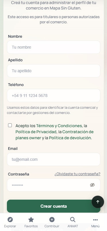 Formulario real de Mapa Sin Gluten para crear una cuenta comercial