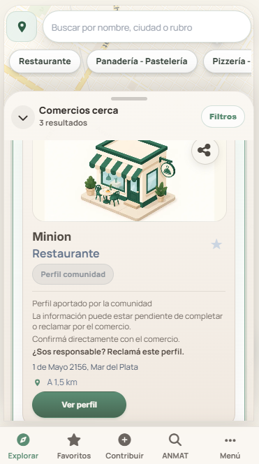 Resultado real de búsqueda de comercios cercanos en Mapa Sin Gluten