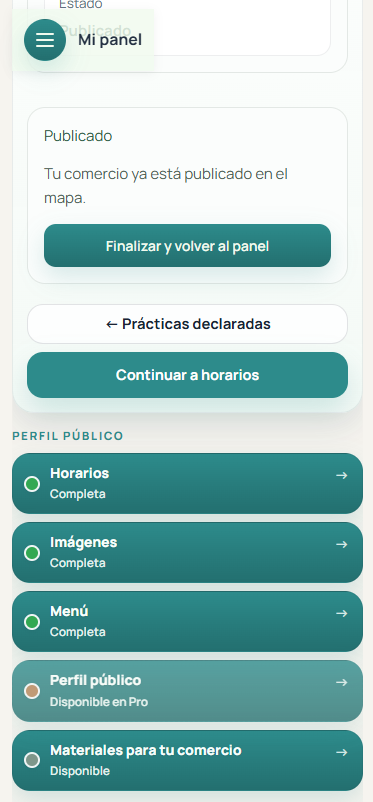 Panel real mostrando las secciones del perfil público disponibles
