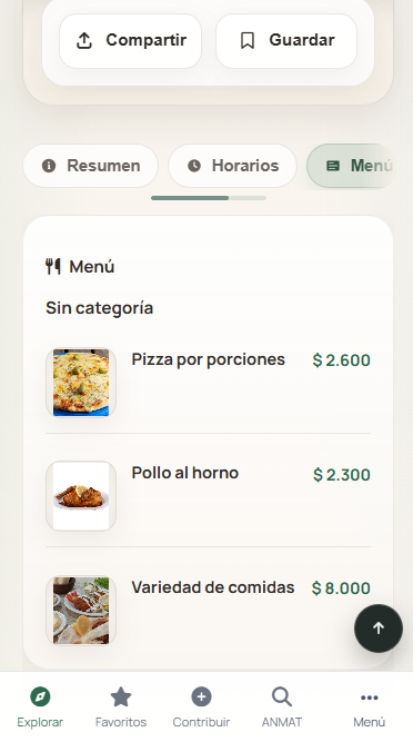 Menú público real de un comercio en Mapa Sin Gluten